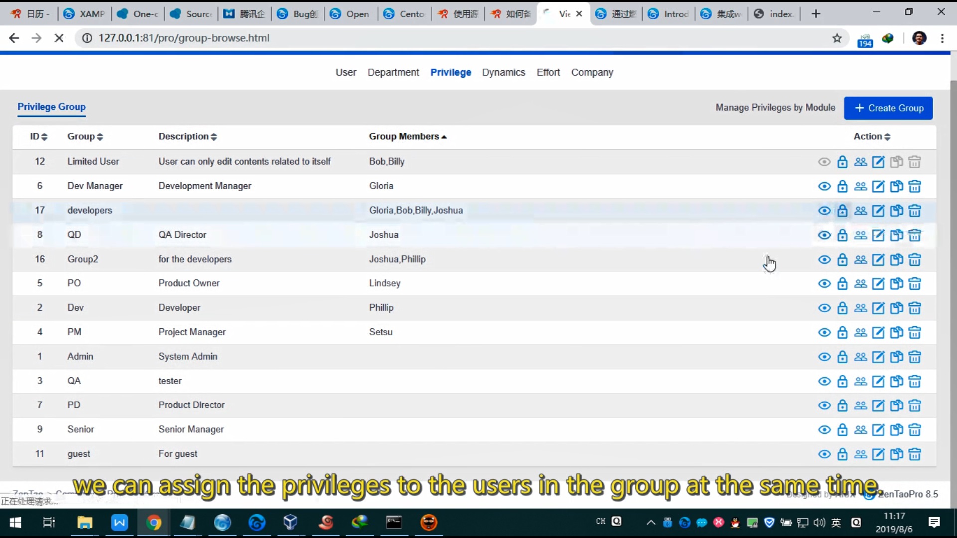 Assign privileges to groups in ZenTao
